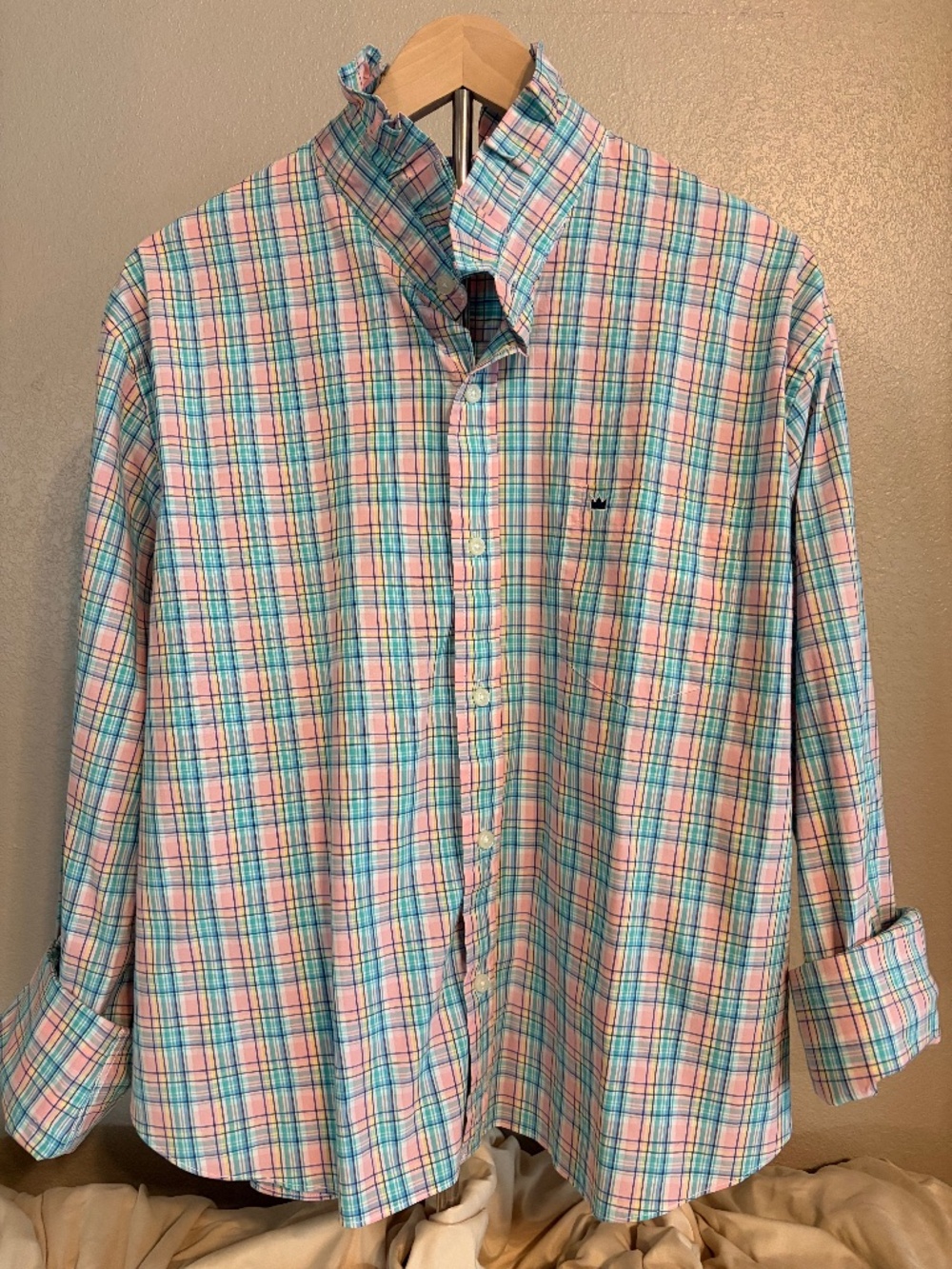 Upcycled Crown & Ivy pink/blue plaid shirt.